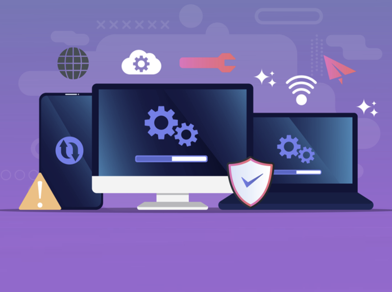 Ilustração de monitor, notebook e celular com engrenagem remetendo à manutenção