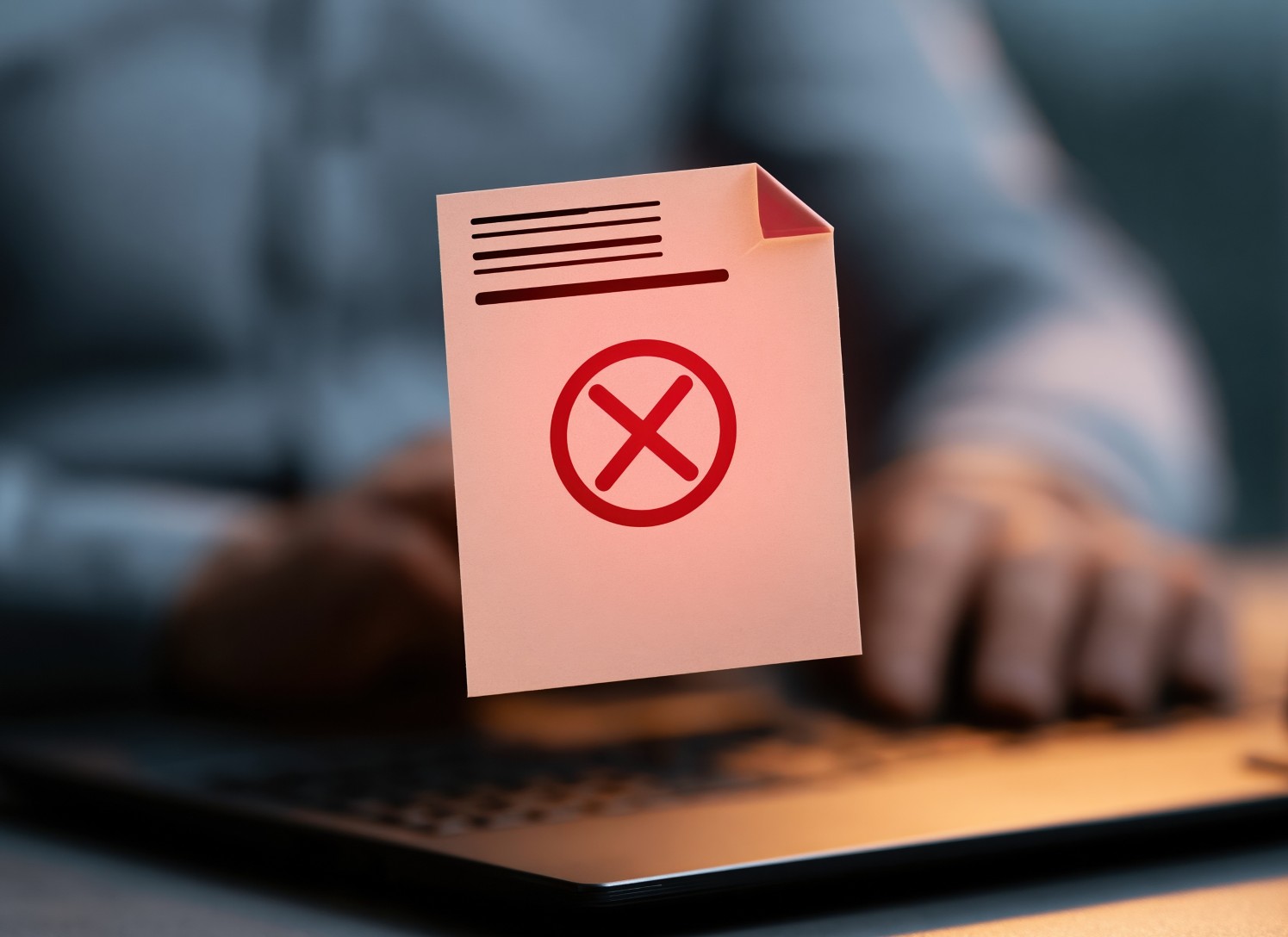 Ilustração de um documento com um "x" indicando impedimento e ao fundo um executivo usando o notebook