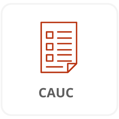 Ícone de folha de check list com linhas e caixas de seleção vermelhas. Texto: CAUC