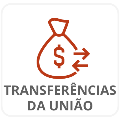 Ícone vermelho de bolsa de moedas, com cifrão ao centro e duas setas, uma de dentro pra fora e outra de fora pra dentro. Texto: Transferências da União