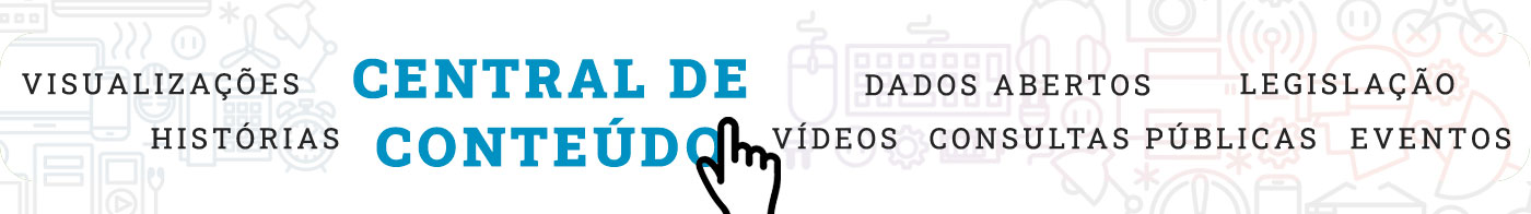 Barra de central de conteúdo, em que é possível acessar visualizações, histórias, dados abertos, vídeos, consultas públicas, legislação e eventos