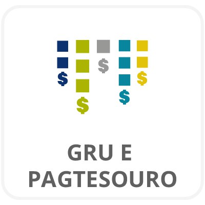 Ícone com pequenos quadrados e cifrões azuis, verdes, cinzas e amarelos. Texto: GRU e PagTesouro