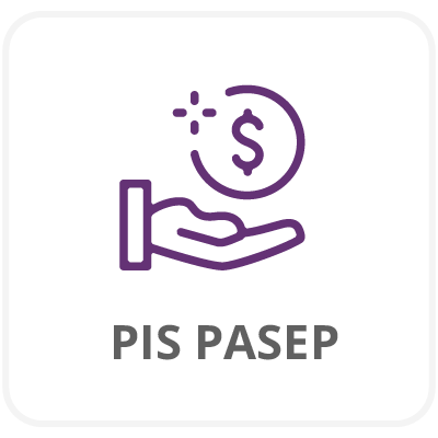 Ícone de mão segurando um círculo com um cifrão no centro. Texto: PIS PASEP