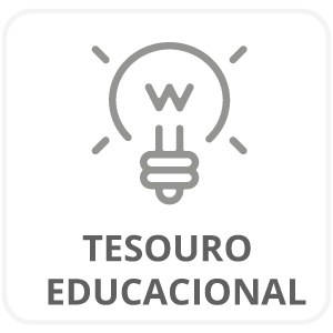 Ícone cinza de lâmpada acessa com a letra W dentro. Texto: Tesouro Educacional