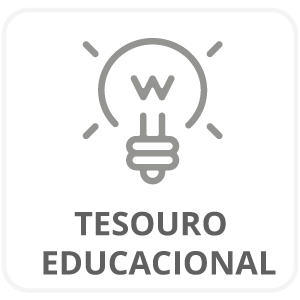 Ícone cinza de lâmpada acessa com a letra W dentro. Texto: Tesouro Educacional