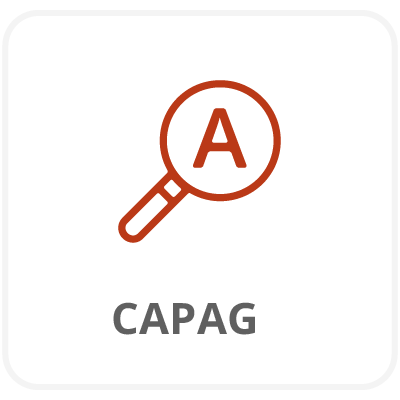 Ícone de lupa com a letra A sob a lente. Texto: CAPAG