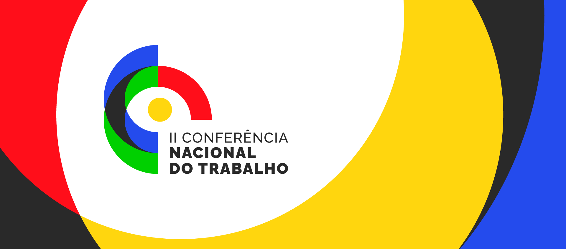 Logotipo da II Conferência Nacional do Trabalho, com formas geométricas nas cores vermelho, azul, verde, amarelo, preto e branco, acompanhado do texto 'II Conferência Nacional do Trabalho'.
