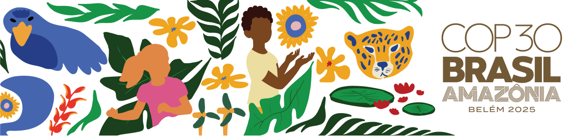 Cartaz da COP 30 com ilustrações coloridas da floresta amazônica, crianças, um jaguar, flores e plantas. Ao lado, o texto 'COP 30 Brasil Amazônia Belém 2025' em destaque.