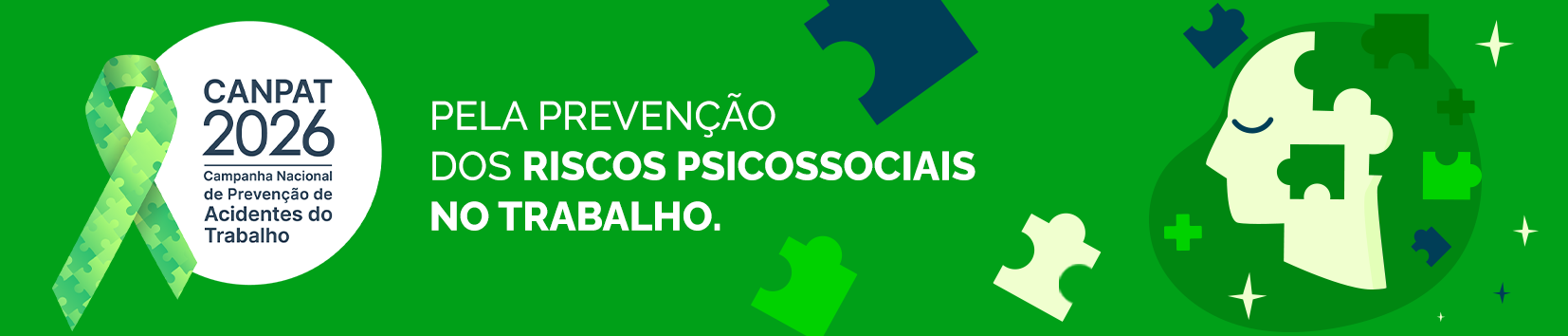 Banner da CANPAT 2026 com laço verde de conscientização, texto “Pela prevenção dos riscos psicossociais no trabalho” e ilustração de cabeça com peças de quebra-cabeça simbolizando saúde mental.
