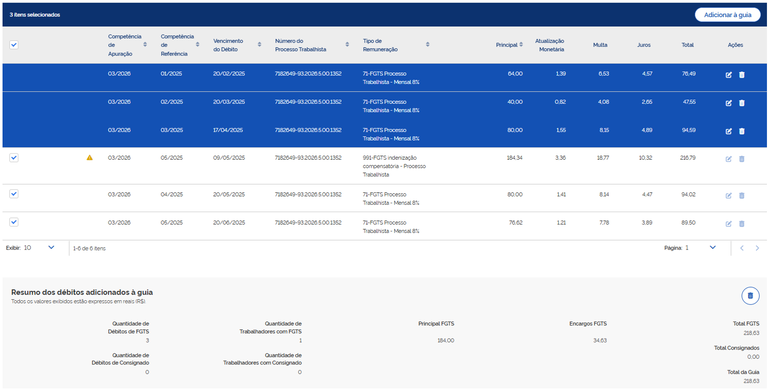 Tela débitos selecionados