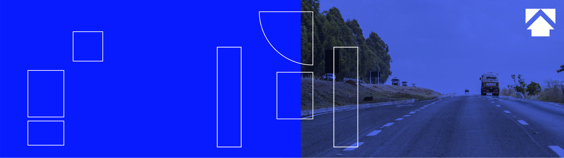 Banner azul com uma imagem de estrada de fundo