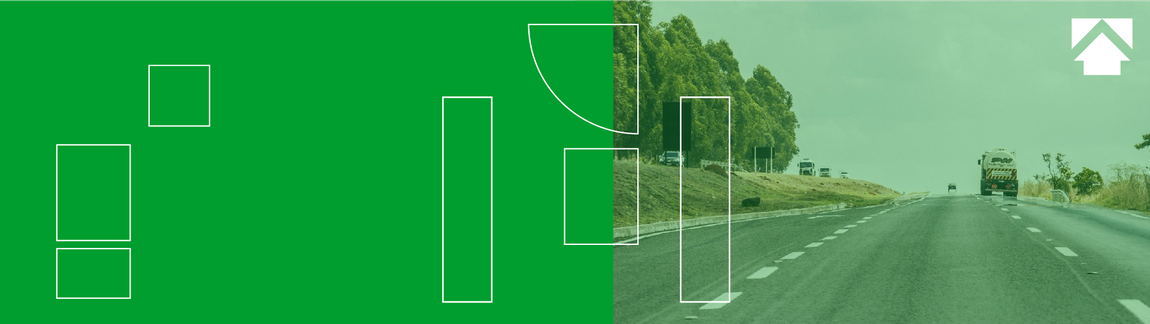 banner verde com uma imagem de uma rodovia com carros de fundo