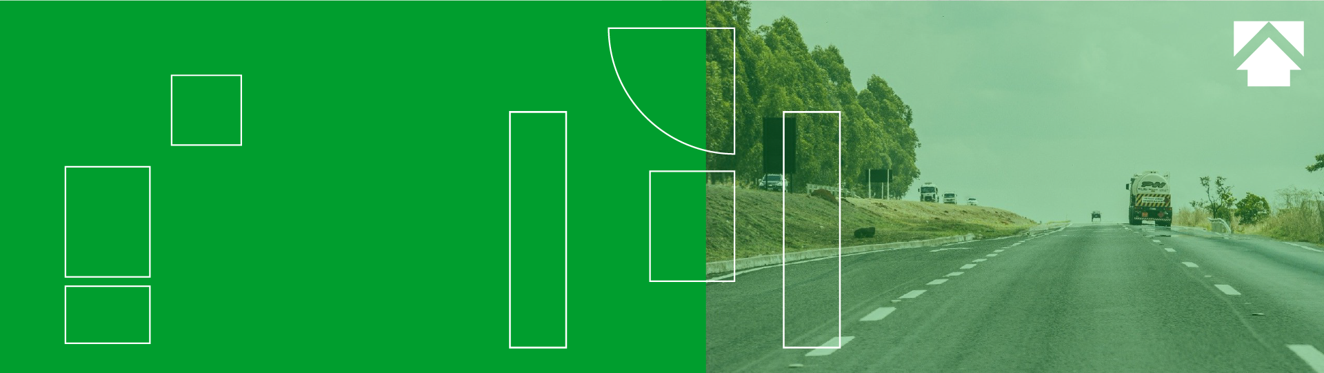 banner verde com uma imagem de uma rodovia com carros de fundo