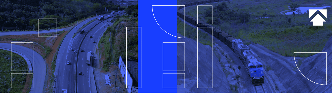 Banner azul com uma imagem de estrada de fundo