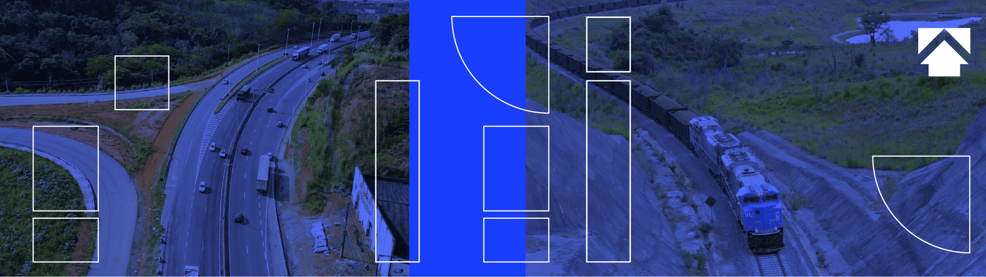 Banner azul com uma imagem de estrada de fundo