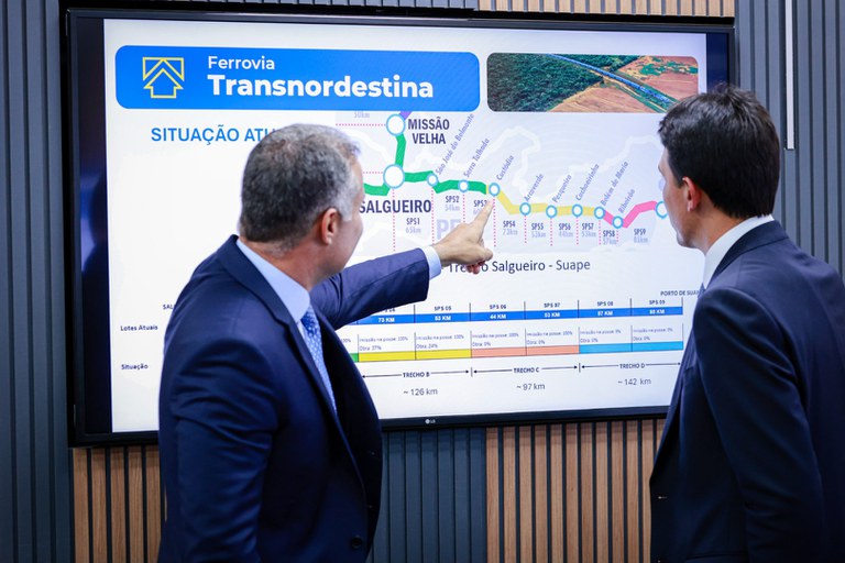 Ministros Renan Filho e Sílvio Costa Filho revisam obra da Transnordestina em Pernambuco