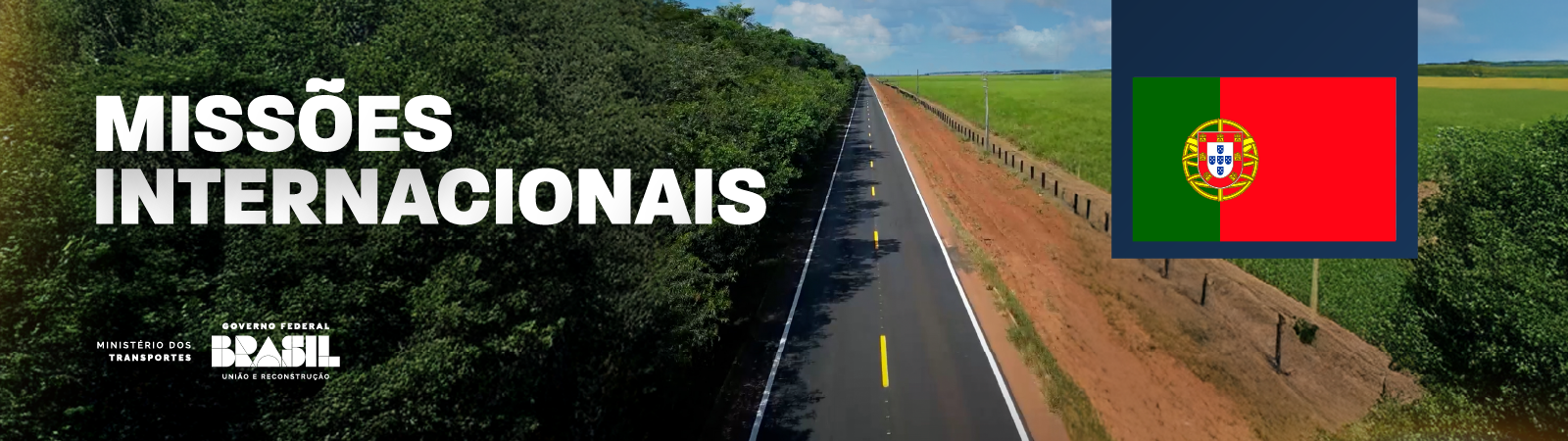 Banner escrito Missões internacionais, também com uma imagem da bandeira Portuguesa
