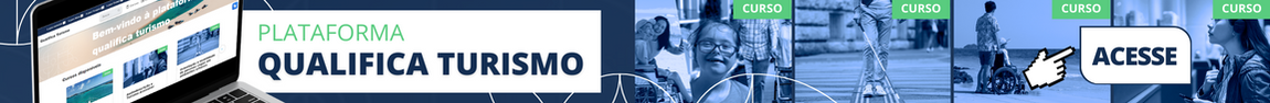 Banner azul com a imagem de um notebook exibindo a plataforma. O texto diz "PLATAFORMA QUALIFICA TURISMO". Ao lado, quatro imagens menores com a palavra "CURSO" e um botão "ACESSE"