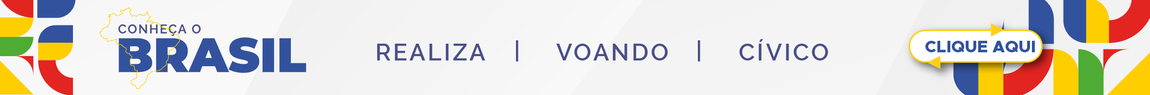 Banner com grafismos coloridos nas laterais. Ao centro, o texto 'Conheça o Brasil' sobre o contorno do mapa do Brasil