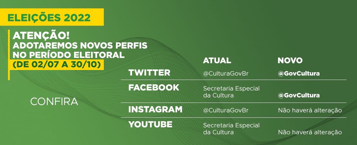 Órgão assumirá o @GovCultura no Twitter e no Facebook entre 2 de julho e 30 de outubro