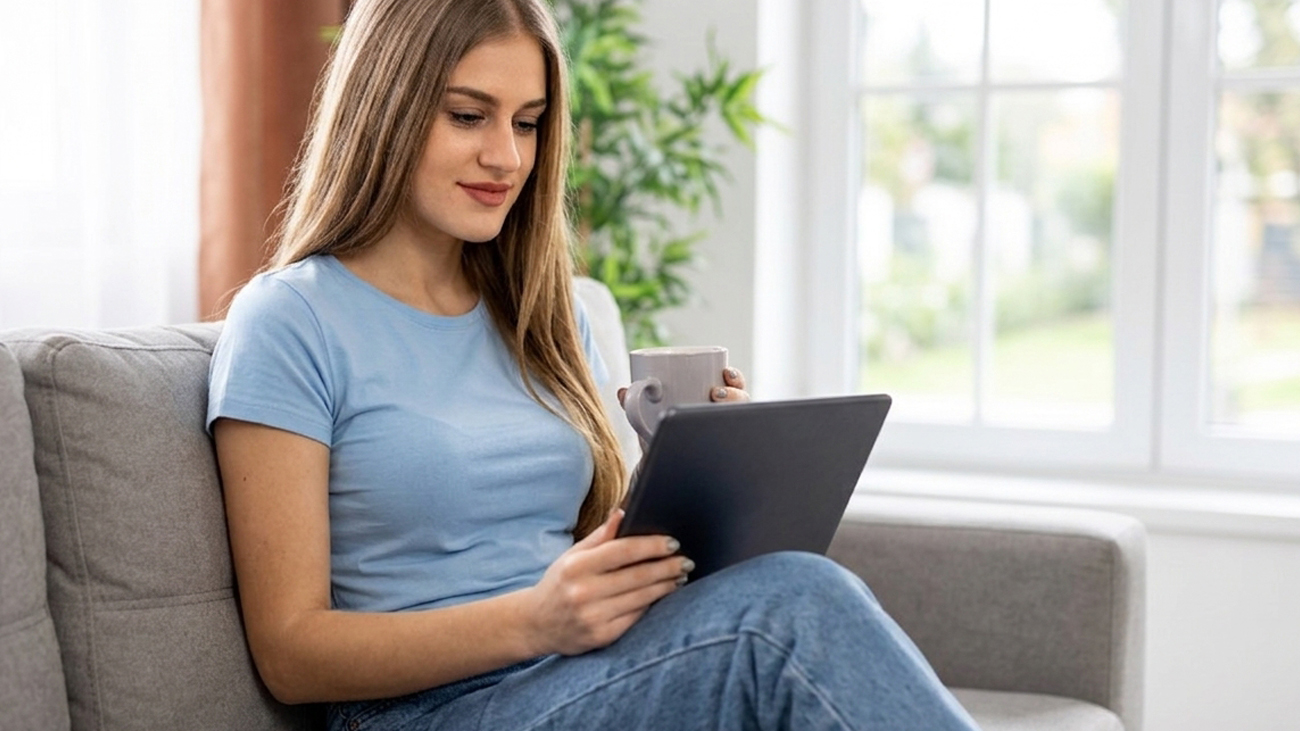 Mulher sentada em sofá lendo um ebook