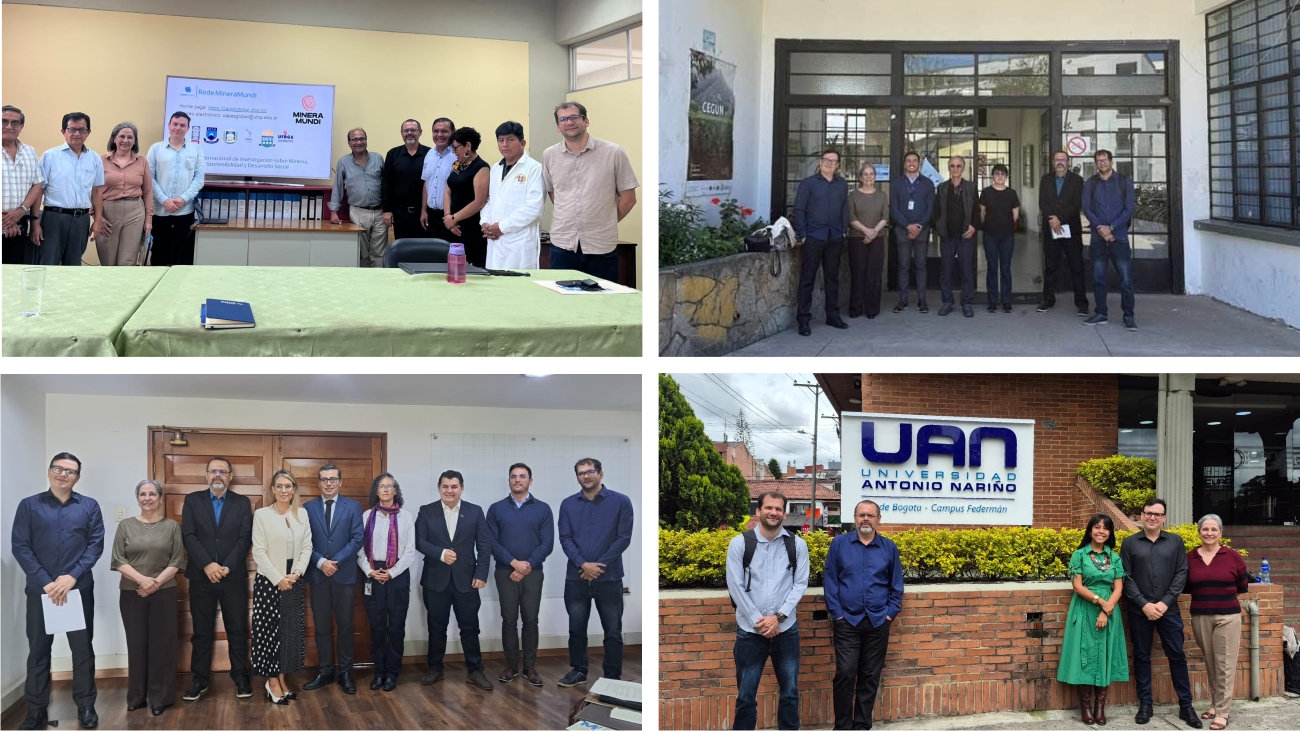 Mosaico com quatro imagens da missão técnica da UFCG em atividades na Peru e na Colômbia