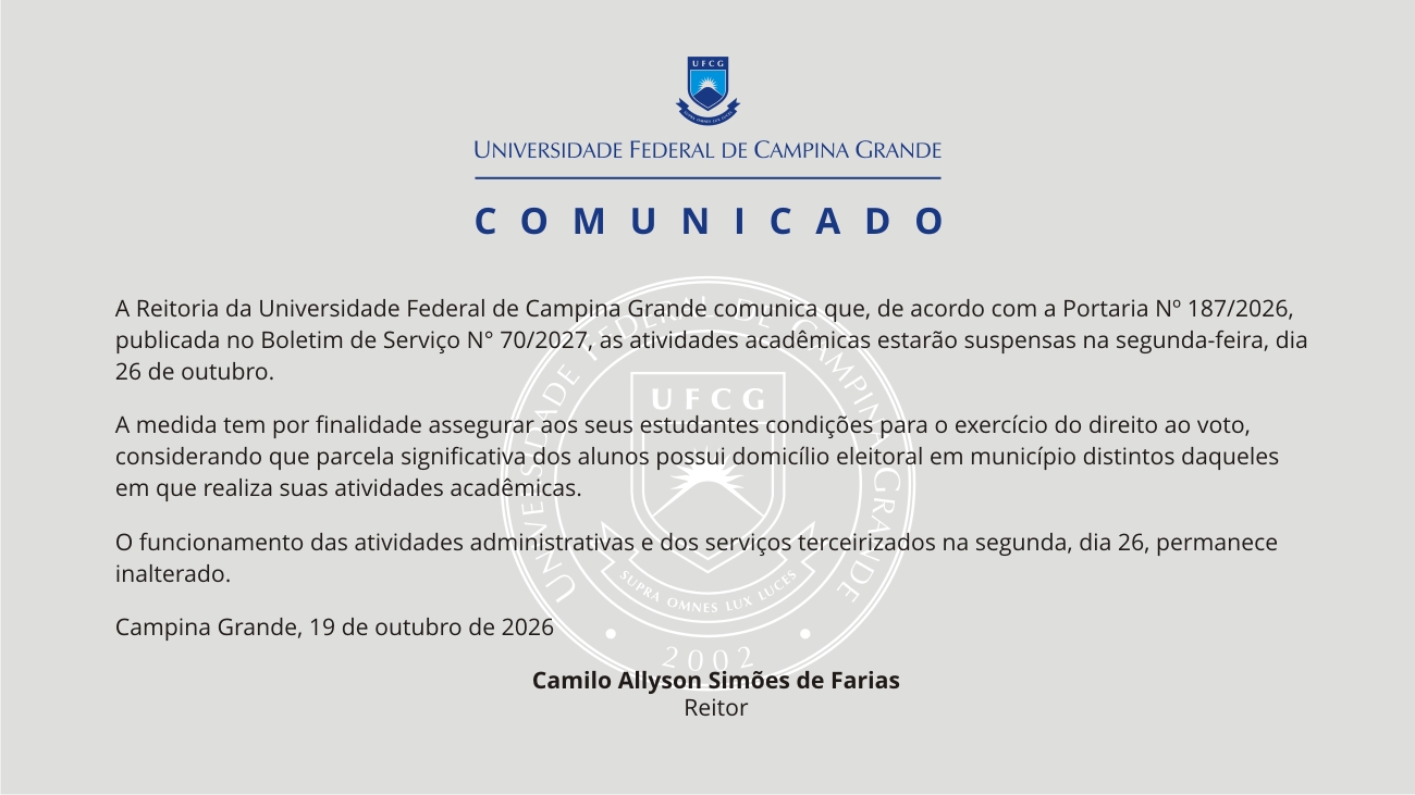 Comunicado sobre a  suspensão das atividades acadêmicas no dia 26 de outubro