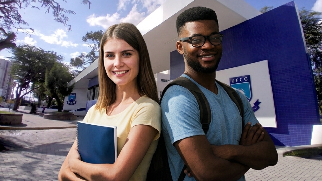Par de alunos diante do pórtico da UFCG