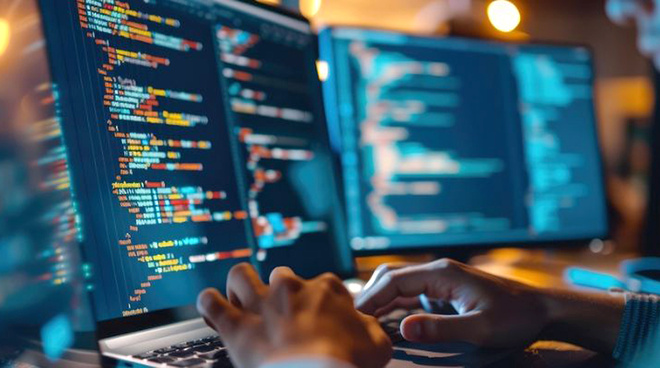 mão ao computador, programando um sistema