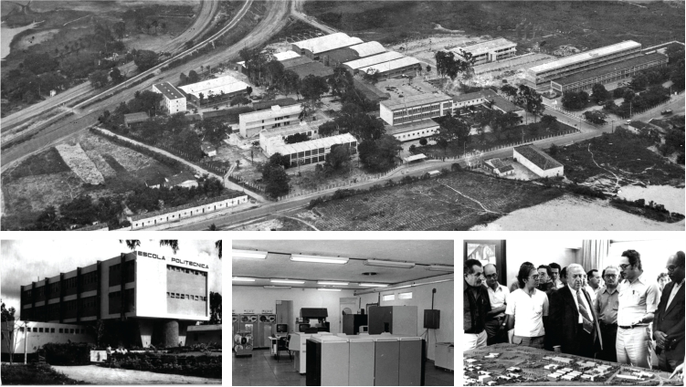 Visão aérea da Universidade em preto e branco