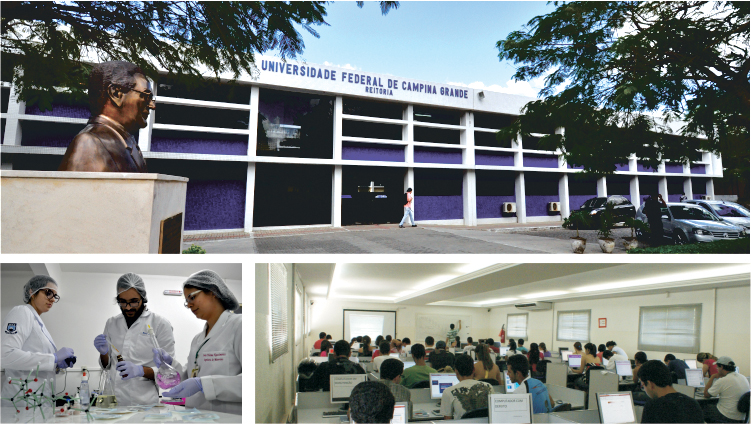 Fachada da Reitoria, laboratório e sala de aula da universidade