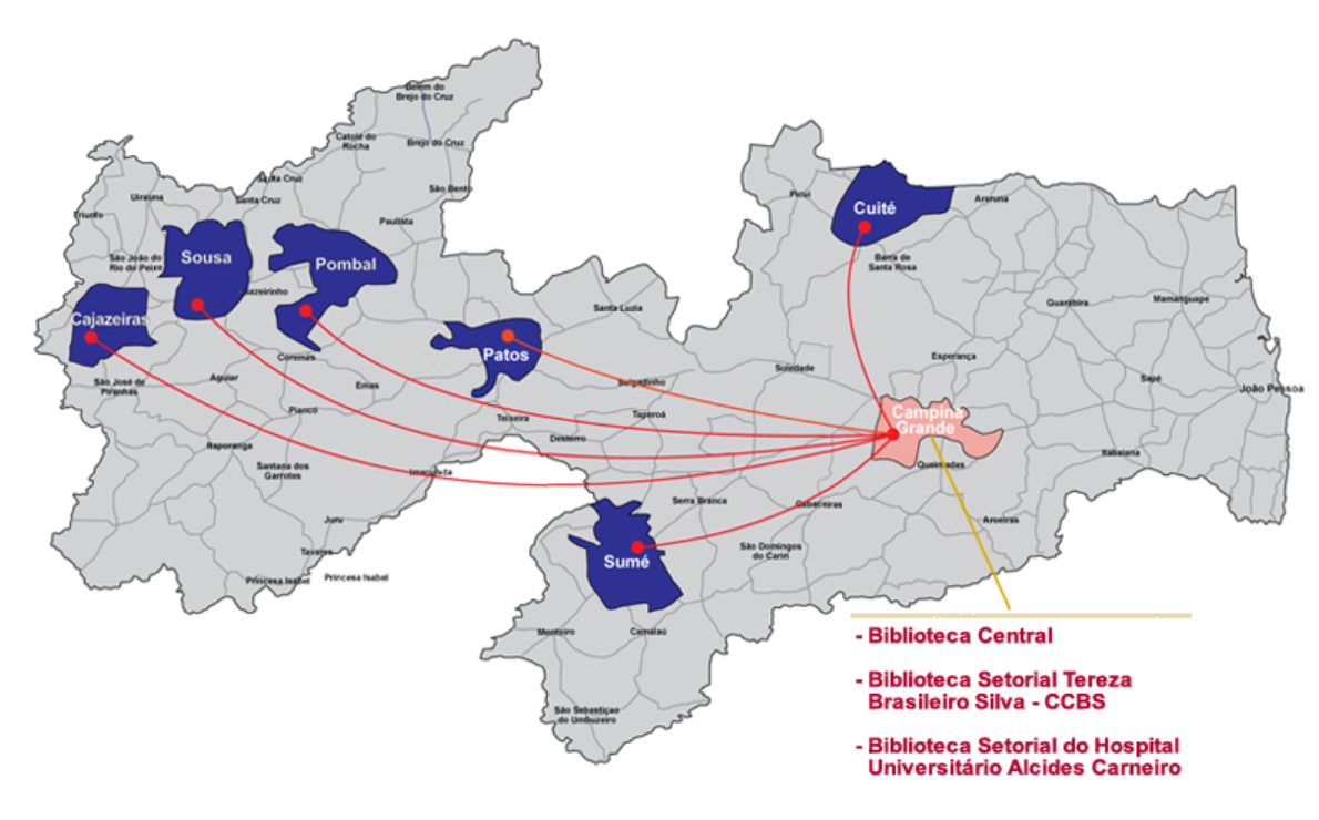 Mapa das bibliotecas da UFCG na Paraíba, ligando campi a Campina Grande.