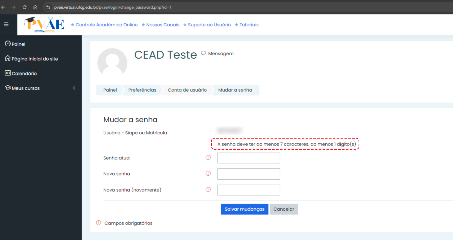 Tela do PVAE para mudar senha com campos obrigatórios e aviso de regra.