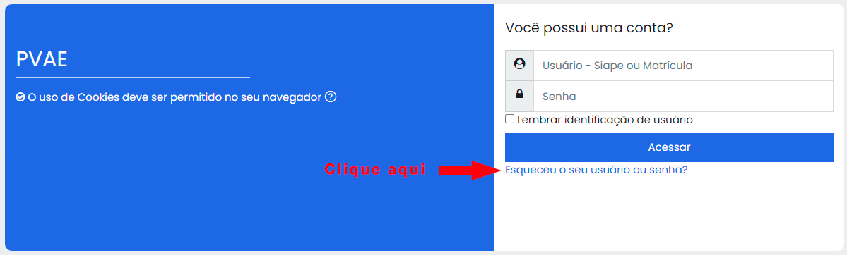 Página de login da plataforma de ensino PVAE destacando o link "Esqueceu o seu usuário ou senha?"