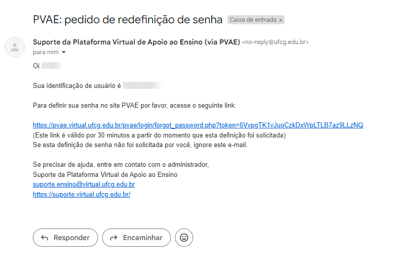 Email do PVAE com link de redefinição de senha aberto no Gmail.