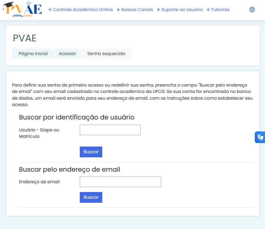 Tela do Moodle PVAE de senha esquecida com busca por usuário ou email.