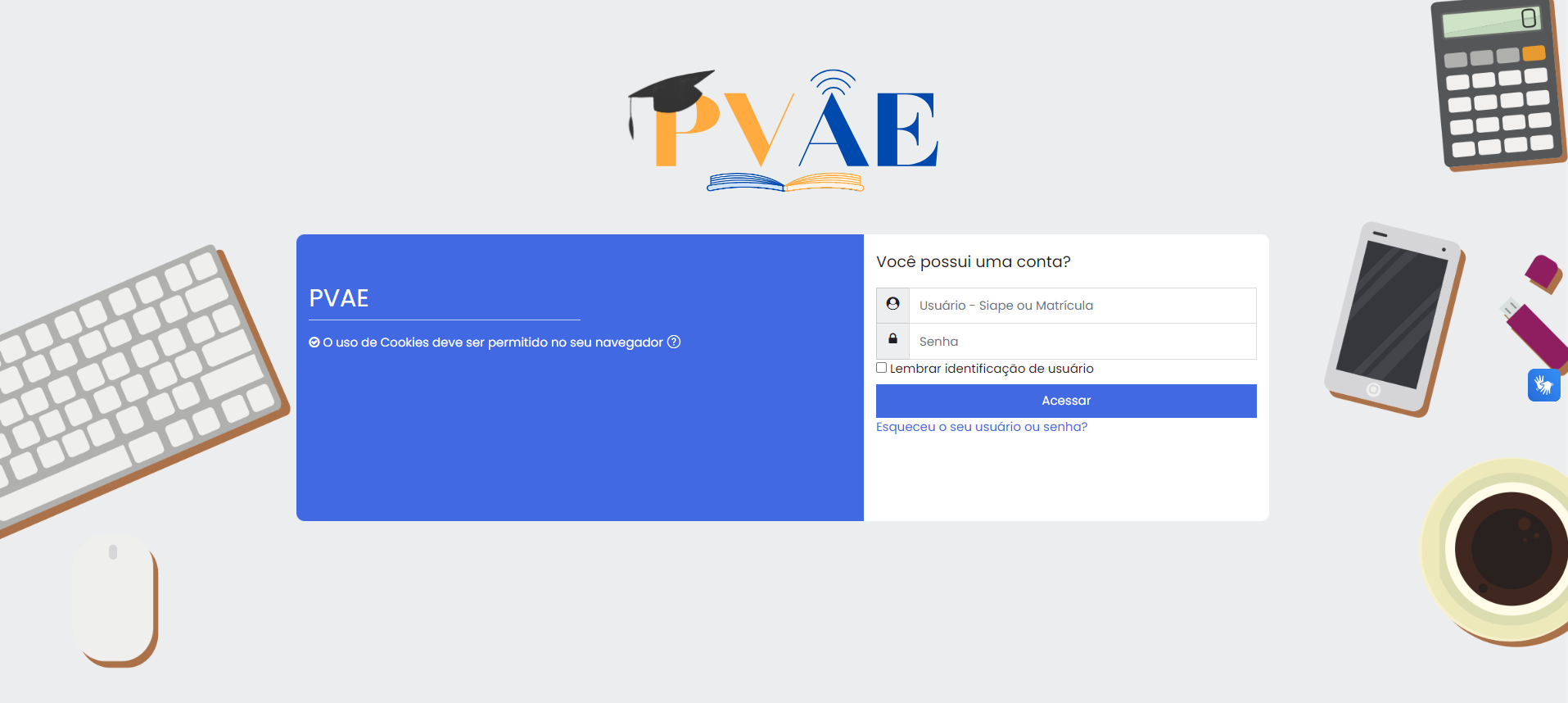 Tela de login do PVAE com campos de usuário e senha.