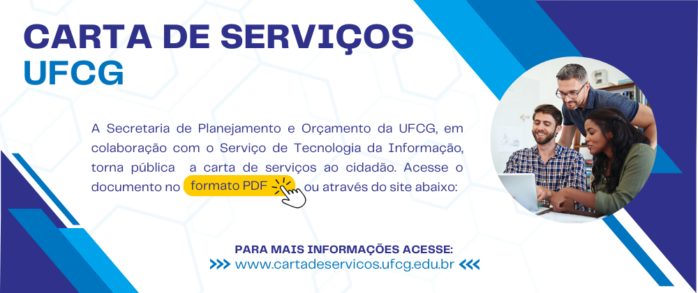 Banner da UFCG com o título “Carta de Serviços UFCG”, informações sobre acesso ao documento em PDF e imagem de três pessoas usando um notebook.