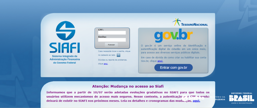 Tela de acesso ao SIAFI com campos de CPF e senha, opção de login pelo gov.br e avisos sobre mudanças no acesso ao sistema. Fundo em tons de azul com logotipos do Tesouro Nacional e Governo Federal.