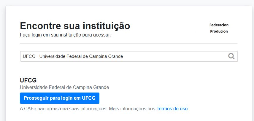 Tela de login da CAFe com busca por instituição e acesso à UFCG.
