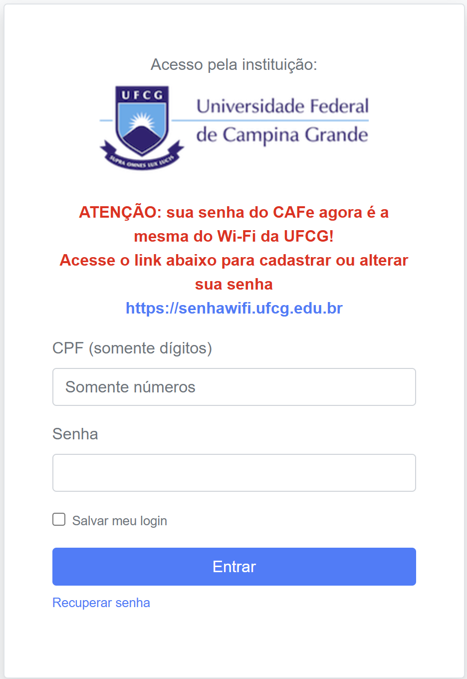 Tela de login da UFCG via CAFe, com campos de CPF e senha.
