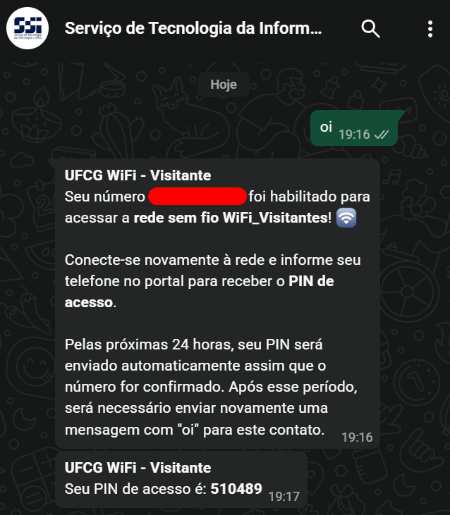 Conversa no WhatsApp com mensagem de PIN de acesso à rede UFCG WiFi Visitante.