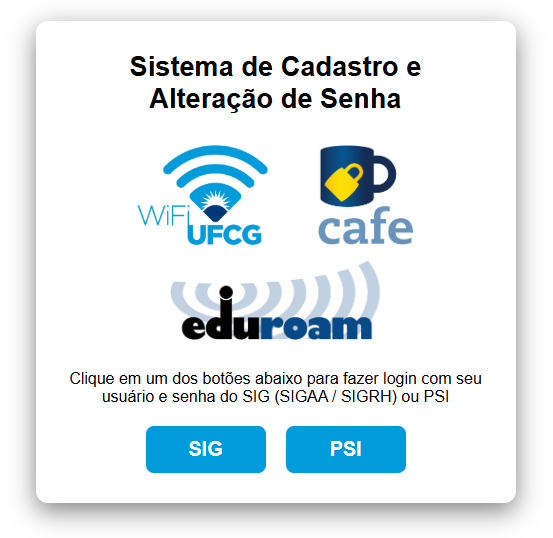 Tela do sistema de cadastro e alteração de senha com opções de login SIG e PSI.