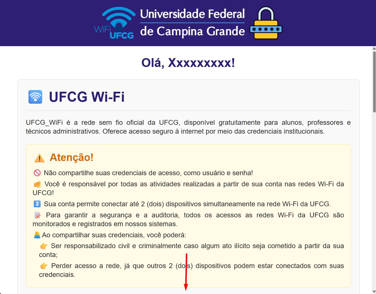 Página UFCG Wi-Fi com aviso de segurança sobre credenciais e limite de dois dispositivos conectado