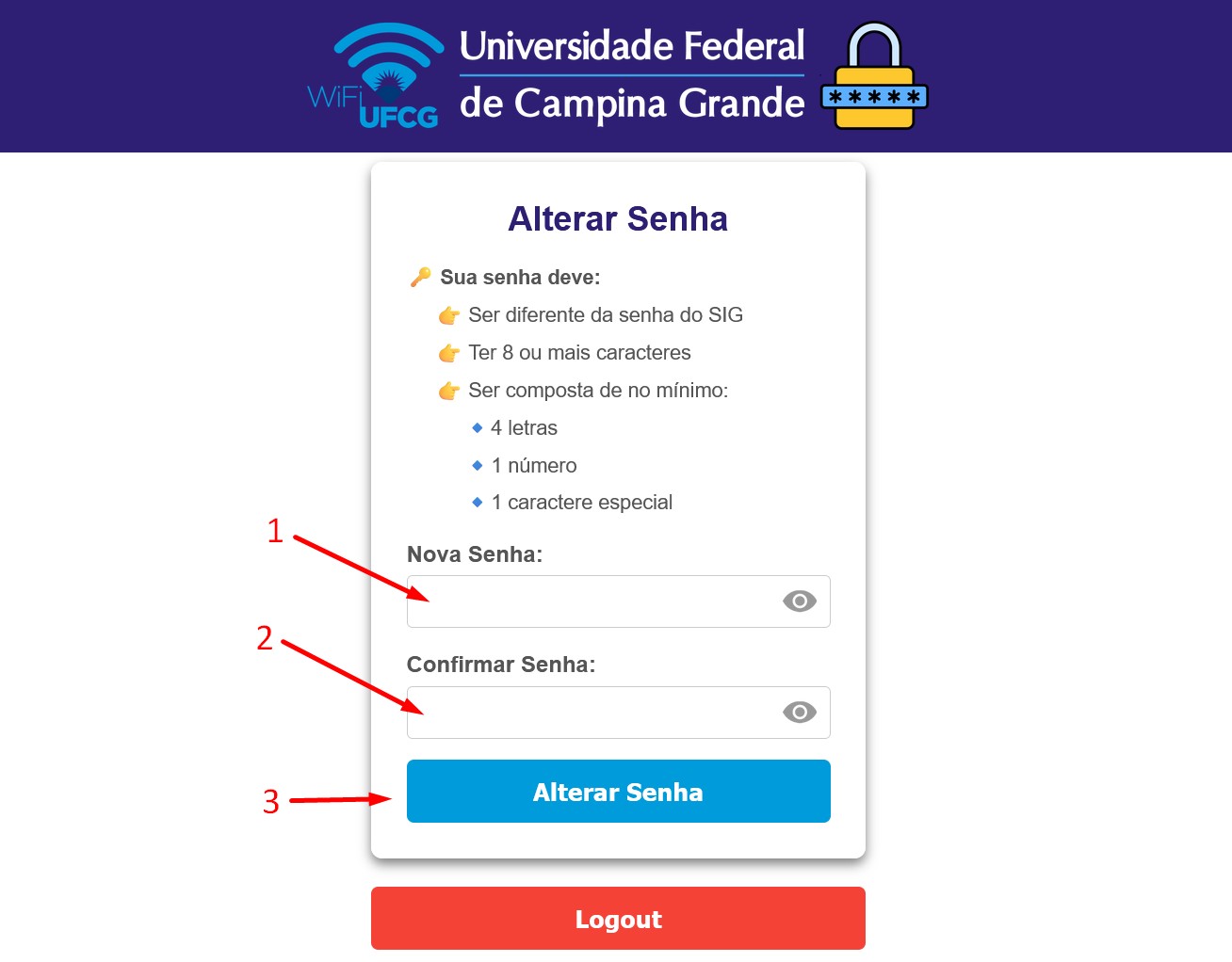 Tela de alteração de senha da UFCG Wi-Fi com campos de nova senha e confirmação.