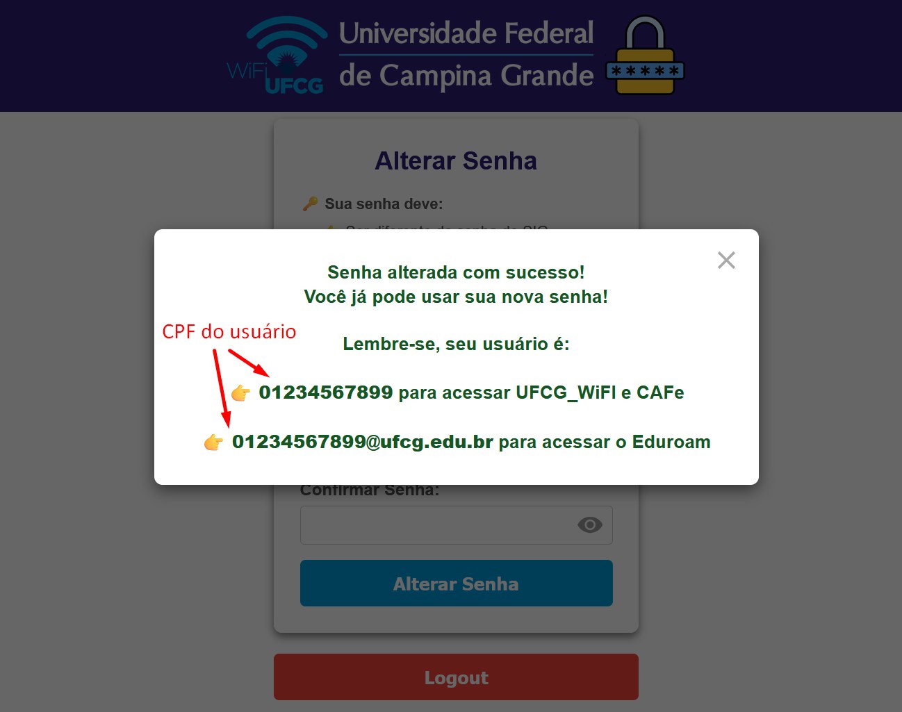 Mensagem de sucesso da alteração de senha, com instruções de usuário para UFCG WiFi, CAFe e Eduroam.