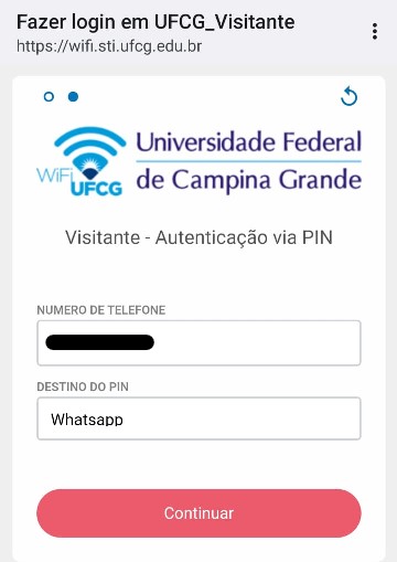 Tela de autenticação de visitante da UFCG_Visitante via PIN enviado por WhatsApp.