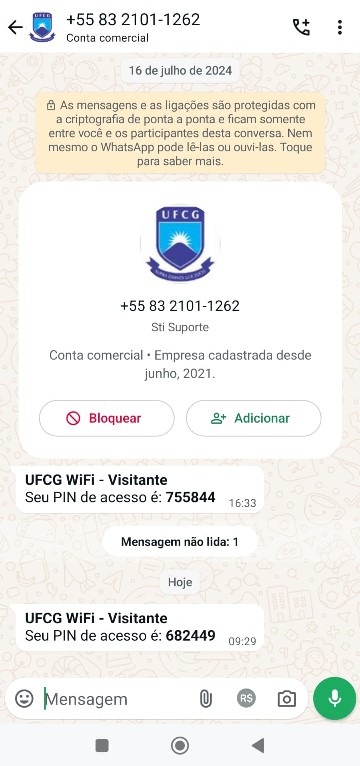 Conversa no WhatsApp com mensagem de PIN de acesso à rede UFCG WiFi Visitante.