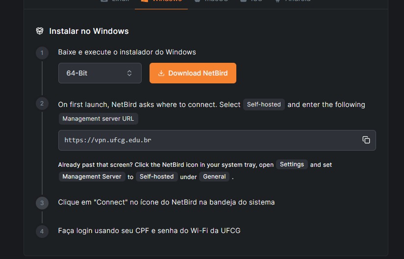 Tela de configuração da VPN
