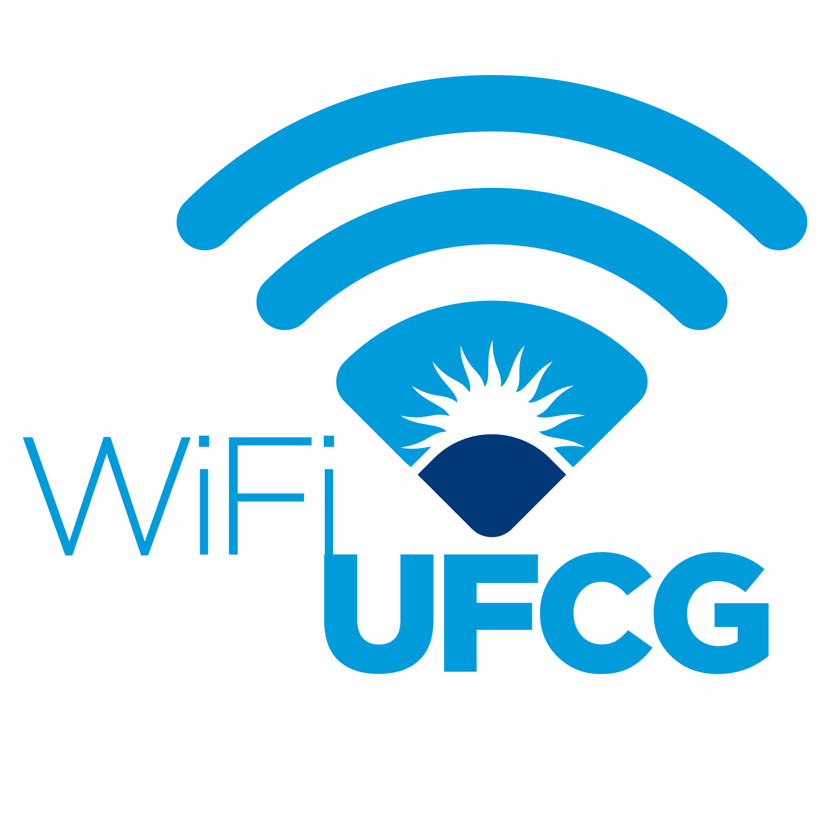 Logotipo WiFi UFCG em azul, com ícone de sinal Wi-Fi e elemento gráfico central sobre fundo branco